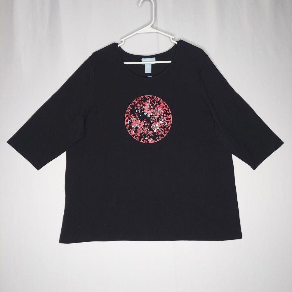 Liz Me Top Women 14W/16W Black Stretch Red Sequin Graphic Y2K Witchy Grunge Goth